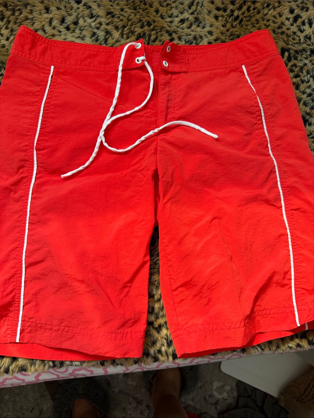 Lands' End Bright Red Men's Swim Board Shorts with White Drawstring
